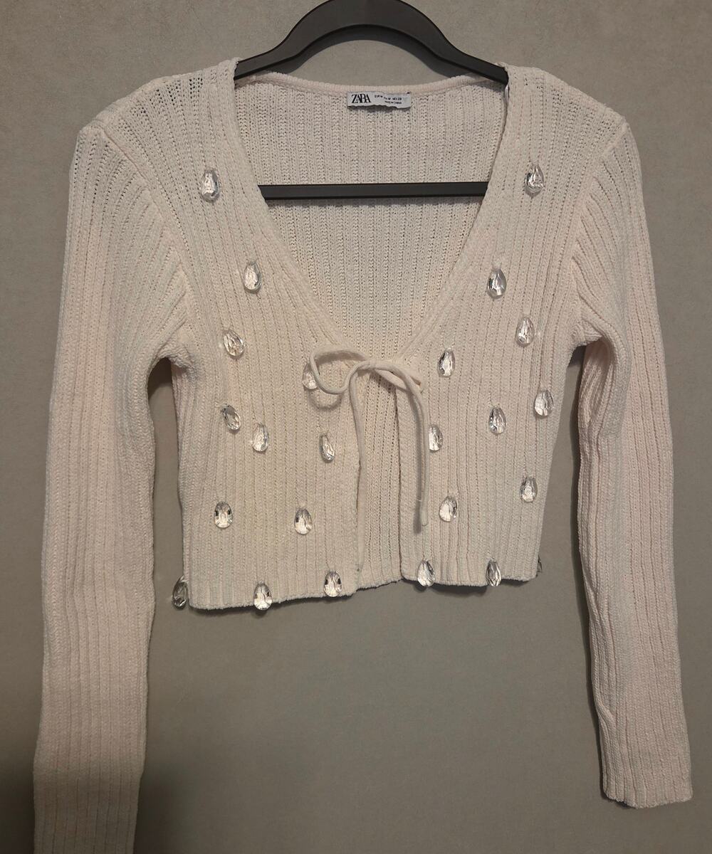Zara Cream Ribbed-Knit V-Neck LS Cardigan with Crystal Tear Drop Beads on front